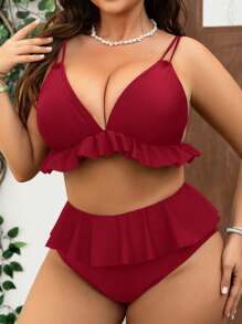 Swim Vcay Bộ bikini viền bèo nhún màu trơn cỡ lớn cho nữ - Màu Đỏ Sâu - Xem 3