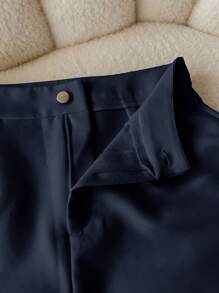 Airaco Quần short đi làm xếp ly màu trơn đơn giản cho nữ - Màu xanh hải quân - Xem 4