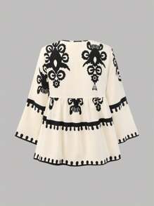 SHEIN Nastolatki Eid Al Adha, Ramadan, Święto Narodowe, Walentynki, Chinoiserie, Narodowe, Luźna koszula z nadrukiem kwiatowym i szerokie spodnie 2 sztuki - Morela - Zobacz 6