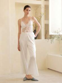 Elegant French Lace-Up Satin Women's Sleepwear Set, Sexy - White - View 4