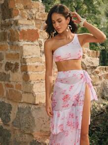 Anewsta Bộ bikini 3 mảnh họa tiết hoa bãi biển mùa hè cho nữ kèm áo hở lưng, quần và váy che thân - Nhiều màu - Xem 3