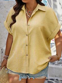 Calvaya 大码女式格子单排扣蝙蝠袖夏季衬衫