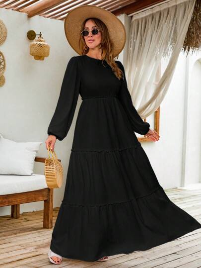 EURMUSE LANTERN LONG SLEEVE LAYERED LONG DRESS