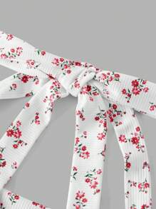 Tween Girls' Casual Resort Bow Decor Ditsy Ditsy Floral Slim Fit Side Ruched Halter Neck Knitted Rib Tank Top - Red - View 4