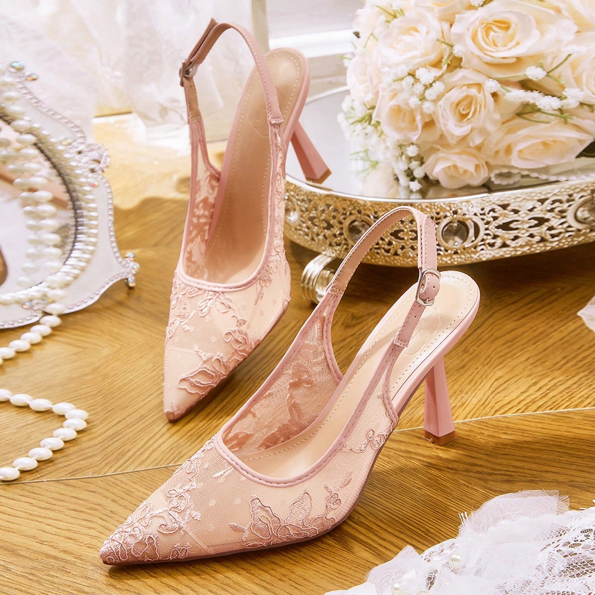 Zapatos de mujer de verano nuevos con encaje bordado y malla, punta fina, tacón de aguja elegante y romántico, color rosa claro, zapatos de tacón a