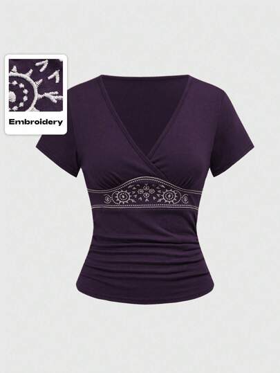 Summer Beach Vacation Party Music Festival Western Vintage Floral Embroidered Elastic Waist Short Sleeve Brown Hippie T-Shirt For Women