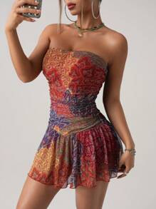 SHEIN ICON 女士性感撞色印花抹胸迷你连衣裙，夏季 - 彩色 - 查看 4