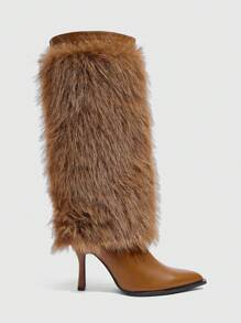 CUCCOO SZL Sexy Fashion Brown Furry Decor Pointed Toe Slim High Heel Glamorous Sexy Party Event Side Zipper Women Knee High Boots - Brown - View 4