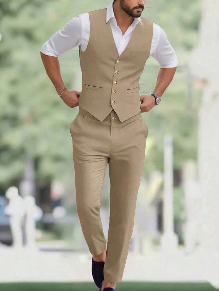 Calvornis Traje casual de chaleco y pantalones de unicolor para hombres, ropa de vestir, atuendos de vestir para hombres, conjunto de pantalones elegantes para hombres - Caqui - Ver 1