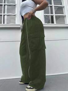 POPSWAY Plus Size Women Elastic Waist Drawcord Cargo Pocket Ribbed Hem Jogger Pants - Army Green - View 4