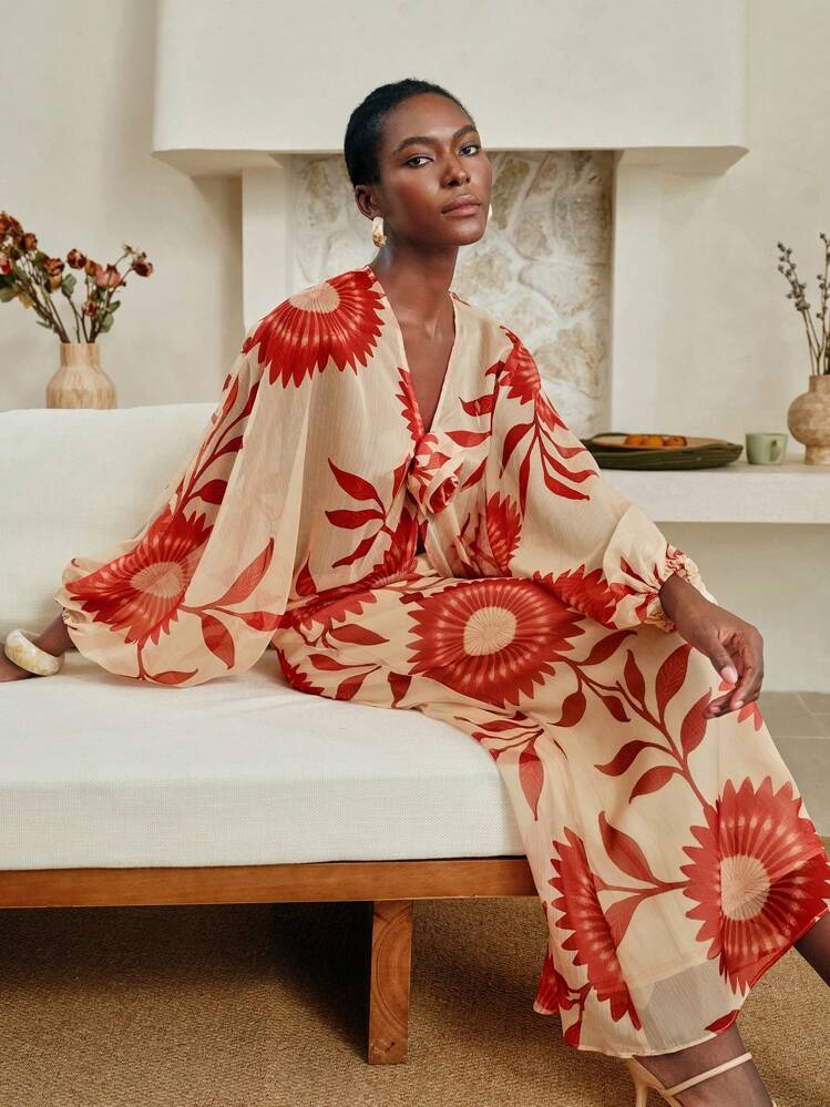 Arave Women Floral Print Chiffon Loose Two Pieces Set, Bat Wing Sleeves, Casual & Suitable For Holiday, 2pcs Women Chiffon Top & Vintage Floral Print Skirt Set, Bohemian Holiday Outfit Fall Women Clothes Fall Outfits Women Fall Autumn Clothes - Khaki - View 1