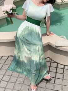 DAZY Summer Square Neck Holiday Casual Color Block Tie Dye Vintage Oil Painting Bohemian Style Print Ruffle Hem Midi Dress For Women,Teacher Outfits