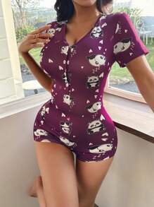 Women's Cute Panda Heart Print Jumpsuit Pajamas - Purple - View 4