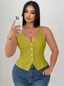 Elenzga Áo hai dây bó eo màu trơn cỡ lớn cho nữ - màu xanh lá - Xem 7