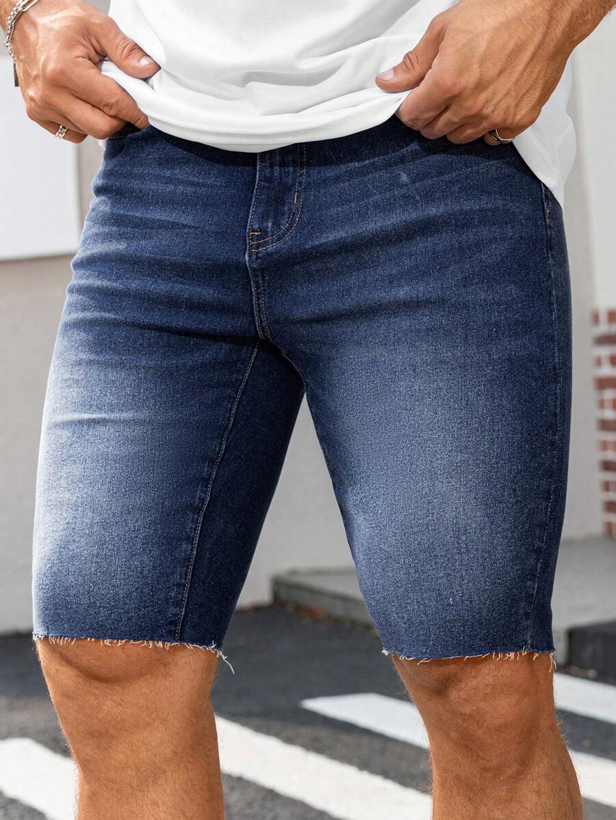Manfinity Homme 男士夏季休闲洗水修身牛仔短裤 - 藍色 - 查看 1