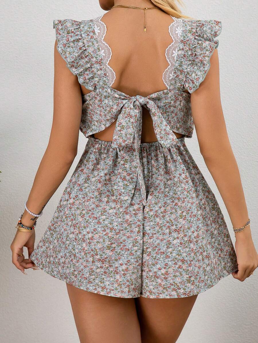 SHEIN Pregnant Women's Ditsy Floral Tie Back Ruffle Hem Rompers - Green - View 1