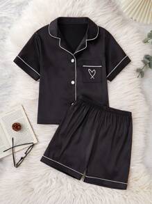 Girls Pajamas Set, Soft Solid Color Waffle Knit Applique Heart, Collar Button Short Sleeve & Shorts 2pcs For Teens - Black - View 1