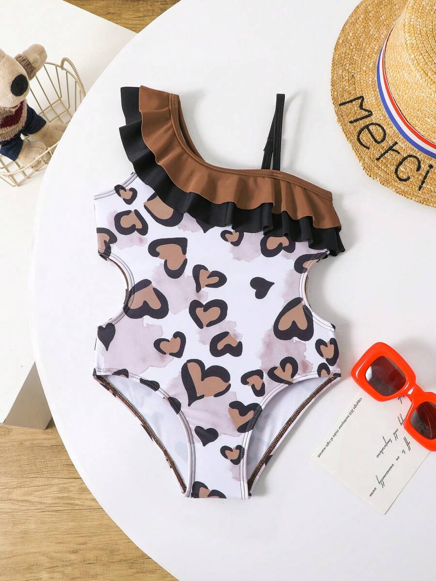 SHEIN 少女荷叶边不对称领口心形印花连体泳衣 - 咖啡棕 - 查看 1