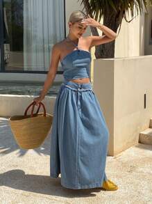 DAZY 女士水洗抽绳挂脖牛仔上衣和迷你裙两件套 - 中等水洗藍 - 查看 8