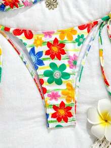SHEIN Swim 2pcs/Set Summer Beach Holiday Women Floral Print Bikini Swimsuit, Triangle Top And Drawstring Bottom - Multicolor - View 5