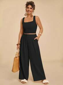 Travachic Plus Size Solid Color Square Neck Sleeveless Top And Pocket Decorated Pants Set, Casual,Summer Outfits For Women - Black - View 1