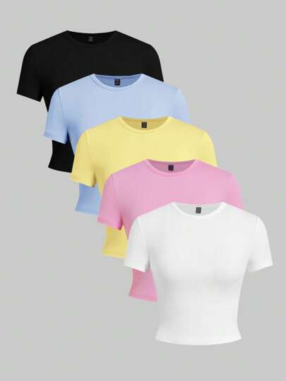 SHEIN EZwear Conjunto de 5 camisetas de tirantes ajustadas de unicolor, sin mangas