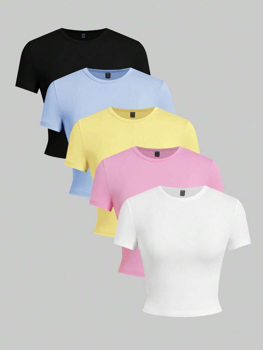 SHEIN EZwear 5pcs/Set Solid Color Slim Fit Tank Top T-Shirt, Sleeveless - Multicolor - View 1