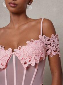 L'Amorae Women's Lace Patchwork Camisole Tank Top, Sexy Summer - Pink - View 3