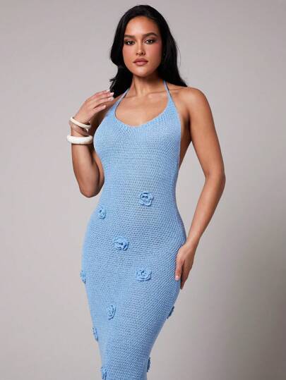 Silquee Women's Elegant Sexy Blue 3D Floral Suspender Dress Backless Crochet Knitted, V-Neck Sexy Summer Resort Dress Long Suspender Dress Women's Dress, Summer, Women's Summer Clothing, Summer Clothing, Women's Beachwear, Women's Elegant Clothing, Women's Summer Clothing, Women's Beach Dress
