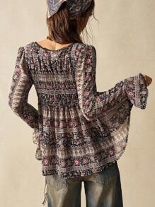 Bohemela Easter Musical Festival BOHO Woven Printed Flare Long Sleeve Loose Women Shirt - Black - View 7