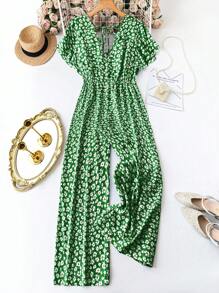 SHEIN LUNE Plus Size Women Daisy Printed Short Sleeve Casual Wide Leg Jumpsuit - Green - View 2