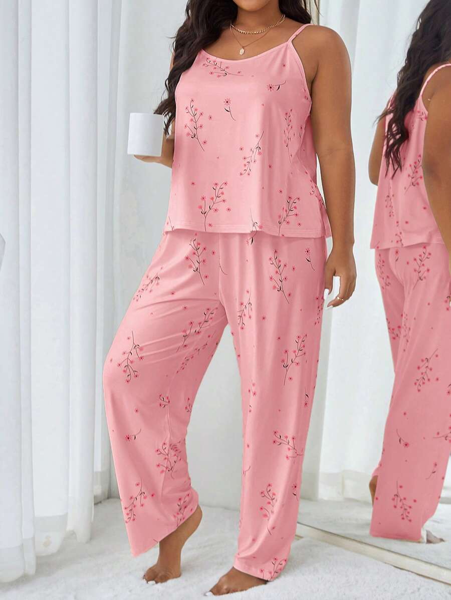 Plus Size Pajama Set, Solid Color Camisole And Pants, Fashionable For Summer - Coral Pink - View 1