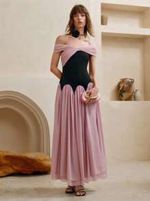 SHEIN LUNE Women's Chiffon Elegant Color Block Off Shoulder Maxi Dress ,Pink Dress,Summer Dresses,Sun Dresses	Black Dresses,Birthday Outfit,Graduation,Party - Pink - View 4