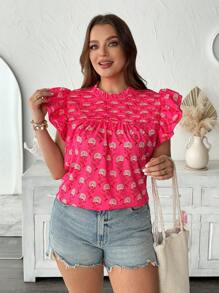 Franclia Plus Size Women's Chiffon Digital Print Cap Sleeve Casual Vacation Romantic Elegant Blouse