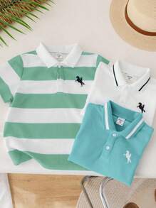 SHEIN 3 件套年轻男孩休闲运动学院风图案圆领短袖 Polo 衫套装，适合日常穿着、上学、户外活动、春夏季节 - 薄荷綠 - 查看 8