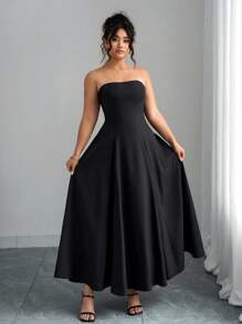 Elenzga Vestido de línea A con cintura fruncida, sin tirantes, de unicolor y elegante para mujer de talla grande