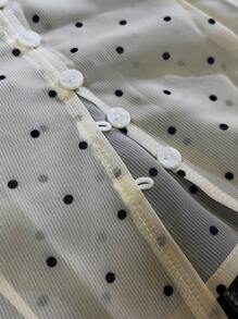 Women's Contrast Lace Polka Dot Print Button Single Breasted Capped Sleeve T-Shirt