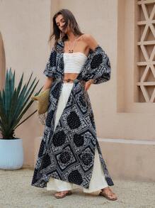 SHEIN LUNE Mùa hè mới Phong cách đồng quê miền Tây nước Mỹ Áo dài in họa tiết hoa đen Bohemian Ngày của Mẹ Áo boho Boho Chic Kỳ nghỉ - màu đen - Xem 1
