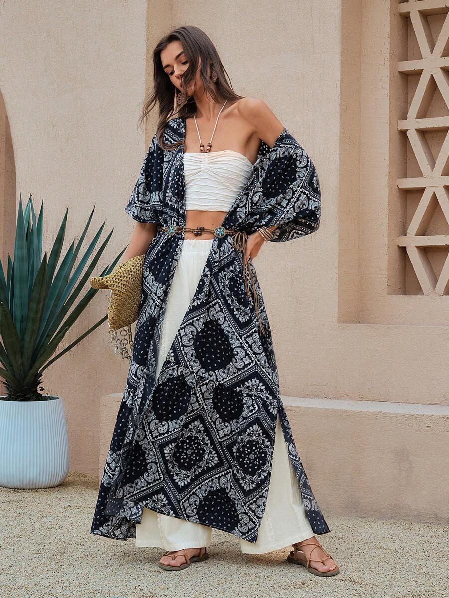 SHEIN LUNE Mùa hè mới Phong cách đồng quê miền Tây nước Mỹ Áo dài in họa tiết hoa đen Bohemian Ngày của Mẹ Áo boho Boho Chic Kỳ nghỉ - màu đen - Xem 1