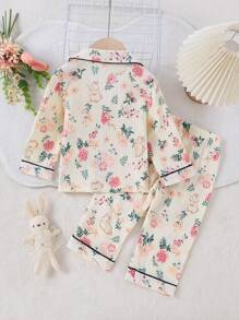 2件套幼儿女童兔子和花卉印花休闲宽松长裤和长袖睡衣套装 - 彩色 - 查看 2