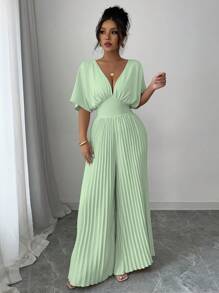 SHEIN PETITE 纯色深V领蝙蝠袖褶皱优雅女式连体裤 - 綠色 - 查看 3