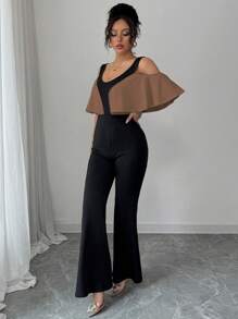 Selianne Women's Elegant Color Block Off-Shoulder Ruffle Jumpsuit - Khaki - View 5