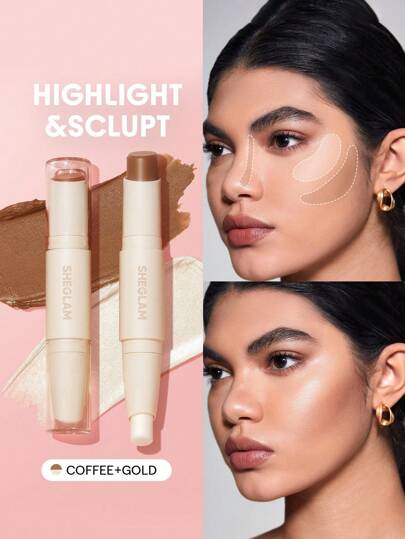Color & Sculpt Stick-Coffee & Gold Contour Dual Head Highly Pigmented Non-Fading Dual-Use Highlighter Contouring Brightening Pro Contour Contour & Bronzer Brand Beauty Makeup Face Paint Cosmetic For Women Girls Perfect For Fall Winter Ideal For Y2K Fancy Fashion Suitable For Birthday Christmas Present Party Ready Best Color