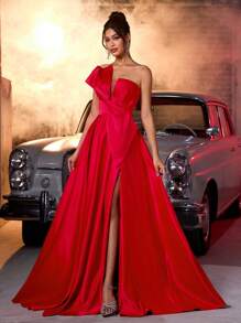 Glamrae Elegant Luxury Satin Ruched Extra Large Bow Maxi Dress With High Slit, Sexy Formal Gown For Weddings, Parties, Events, Cocktail, Party Dress, For Evening, Wedding Guest,Graduation,Teacher Outfits For Women,Teacher Dress - Red - View 7