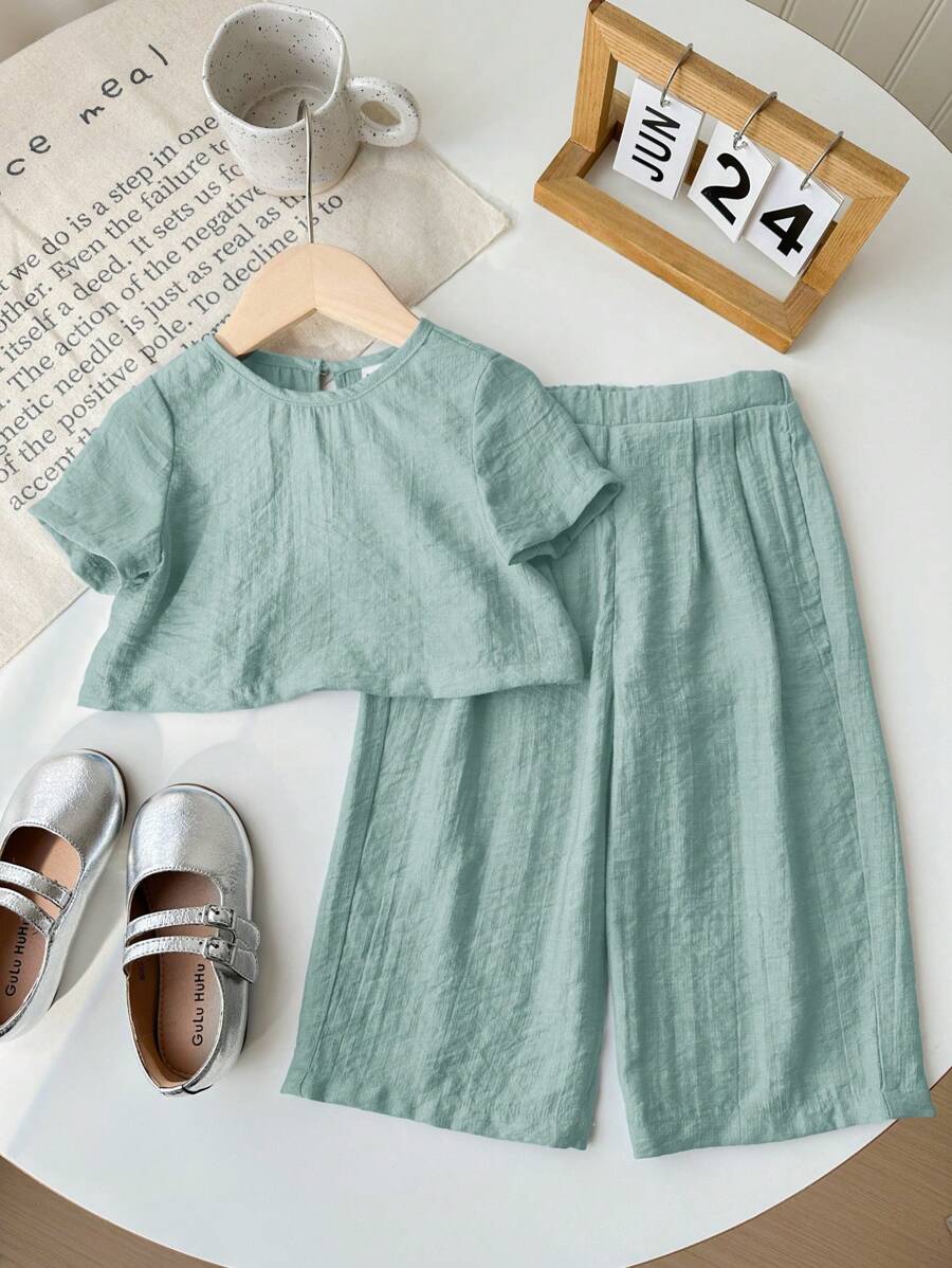 SHEIN LMoss Kids LMoss 女婴休闲简约纯色宽松短袖上衣松紧腰长裤套装，适合夏季 - 綠色 - 查看 1