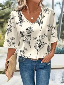 EMERY ROSE Camisa informal suelta de mujer con escote en V y mangas 3/4, adecuada para el verano - Multicolor - Ver 5