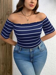 SHEIN LUNE Áo thun nữ tay ngắn hở vai kẻ sọc cỡ lớn mặc thường ngày - Màu xanh hải quân - Xem 1