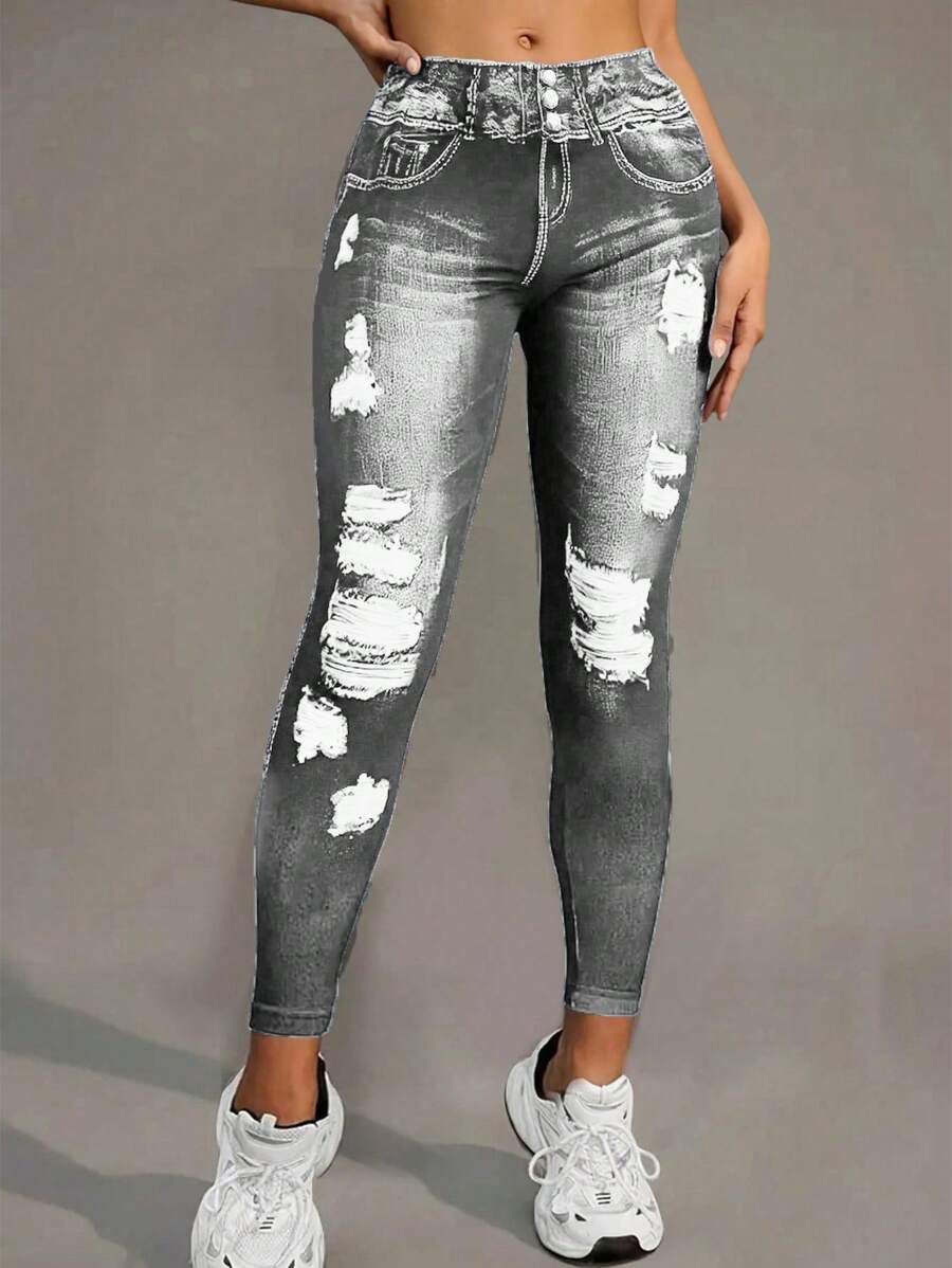 INAWLY Leggings con efecto de tejano gris para mujer, aptos para deporte, correr - Gris - Ver 1