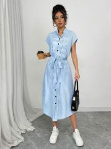 Selianne Romantic Elegant Graduation Concert Outfit Business Casual Old Money Style Anouk Yve Aura Quiet Style Commuter Blue Striped Shirt Dress Short Sleeves Pocket Bow Slits 2025 Spring And Summer Vacation And Leisure Home New Long Dress - Blue - View 6