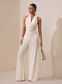 Zivah 2025 春夏新品音乐节、复活节、圣帕特里克节、西部风、游牧风、生日派对、毕业季、学院风、学生风、日常休闲装、百搭百搭、休闲装、度假装、邮轮旅行、海滩装、日光浴装、社交媒体爆红装、街头装、婚礼宾客装、杏色露背系带纹理针织连体裤修身连身裤 - 杏色 - 查看 5